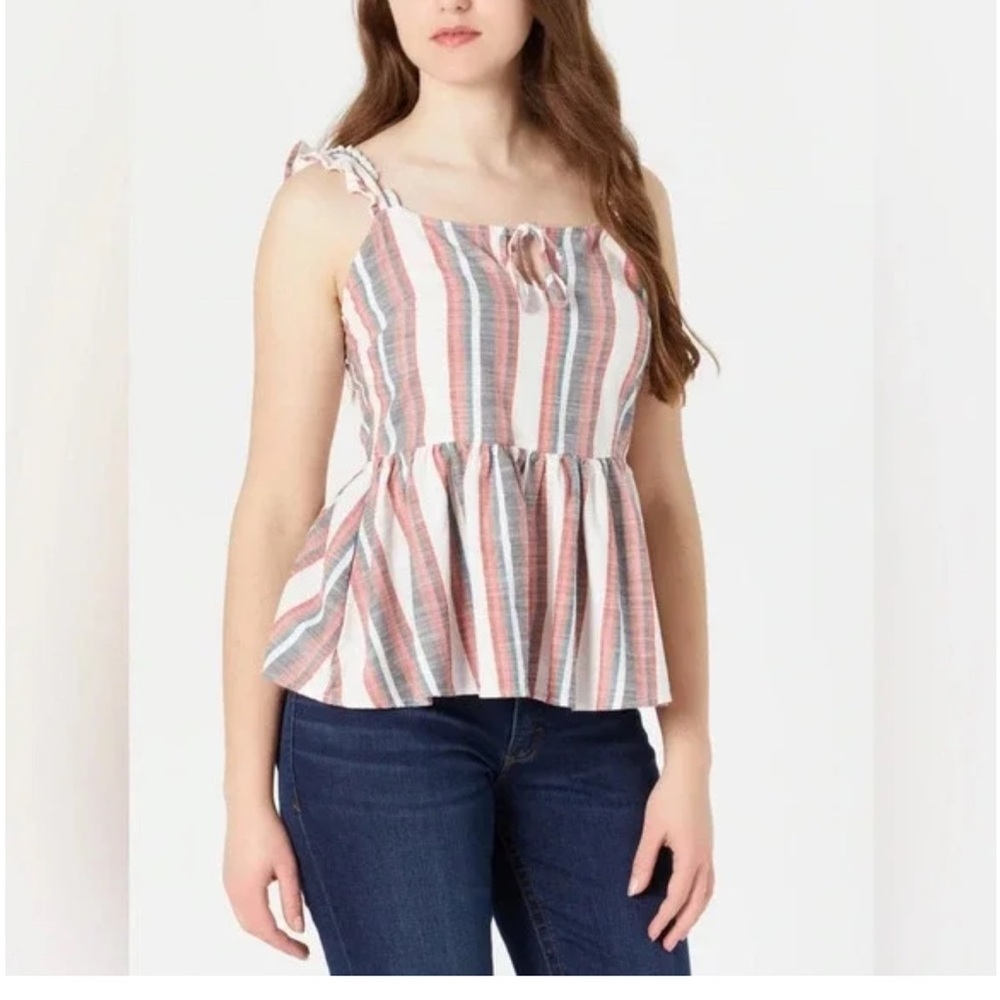 Wrangler Retro Striped Pink White Gray Peplum Tank with Tie Straps